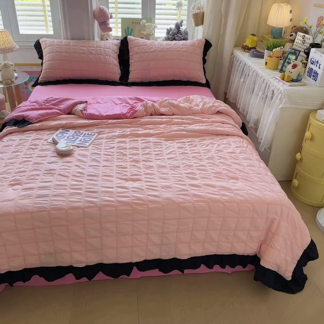 91家纺网 家纺一手货源 找家纺 优卡迪家纺馆 2026新款泡泡纱黑花边大豆夏被被子被芯下载文件包含买家秀 奶油蜜桃