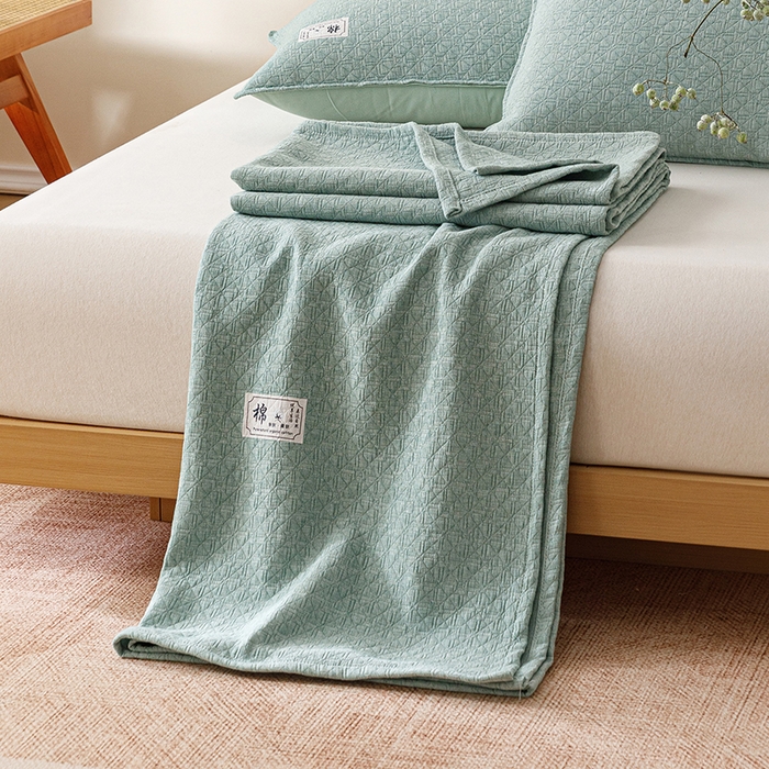 悦然毛巾被 2026新款素色提花全棉三层纱盖毯毛巾被A类休闲毯 素野绿