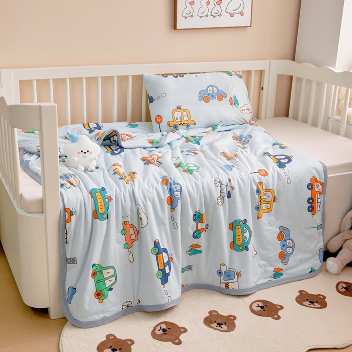 91家纺网 家纺一手货源 找家纺 鱼宝 2026春夏新款儿童针织棉夏被夏凉被空调被 嘟嘟车