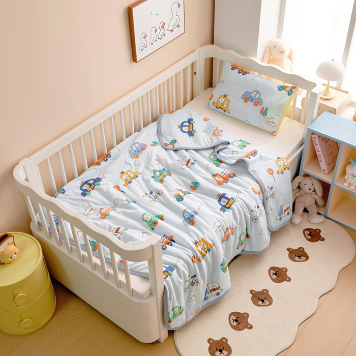 91家纺网 家纺一手货源 找家纺 鱼宝 2026春夏新款儿童针织棉夏被夏凉被空调被 嘟嘟车