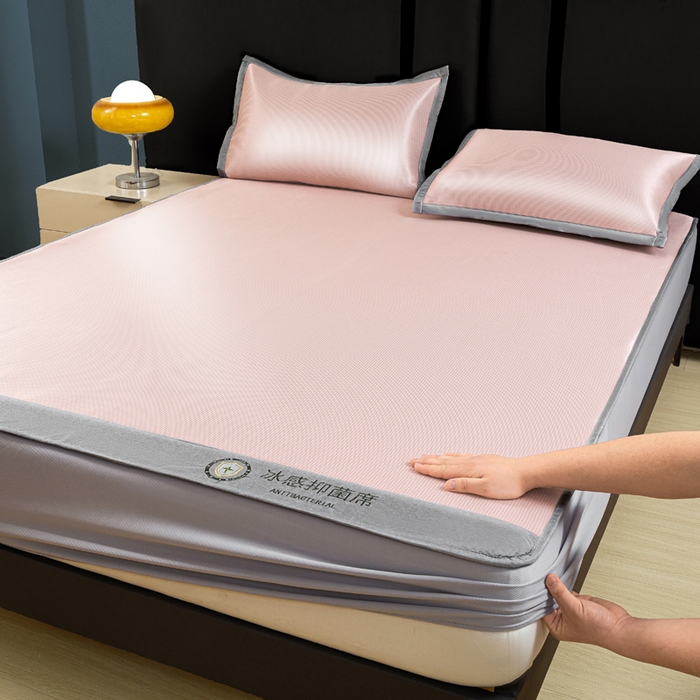 乐窝家纺仓储 2026新款A类抗菌碳光冰丝席冰藤席床笠款加厚三明治复合凉席三件套学生宿舍两件套 浅粉-床笠款