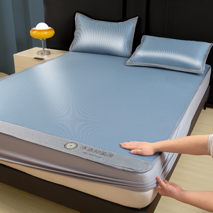 乐窝家纺仓储 2026新款A类抗菌碳光冰丝席冰藤席床笠款加厚三明治复合凉席三件套学生宿舍两件套 天蓝-床笠款