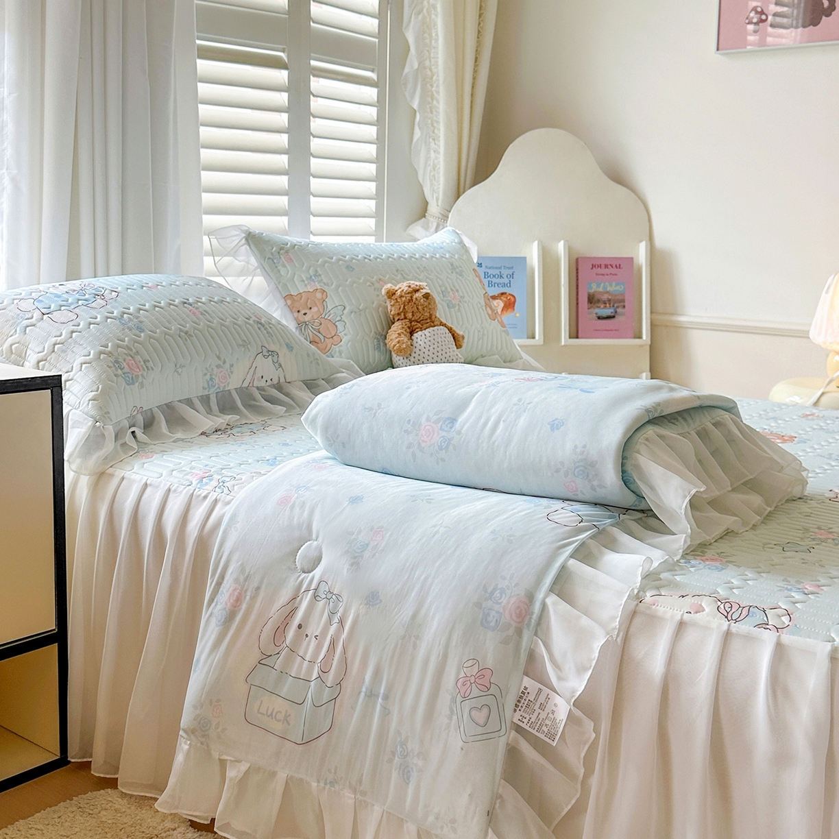 慕澄2026新款小版印花床裙款乳胶凉席凉感丝夏被四件套 薄荷日记