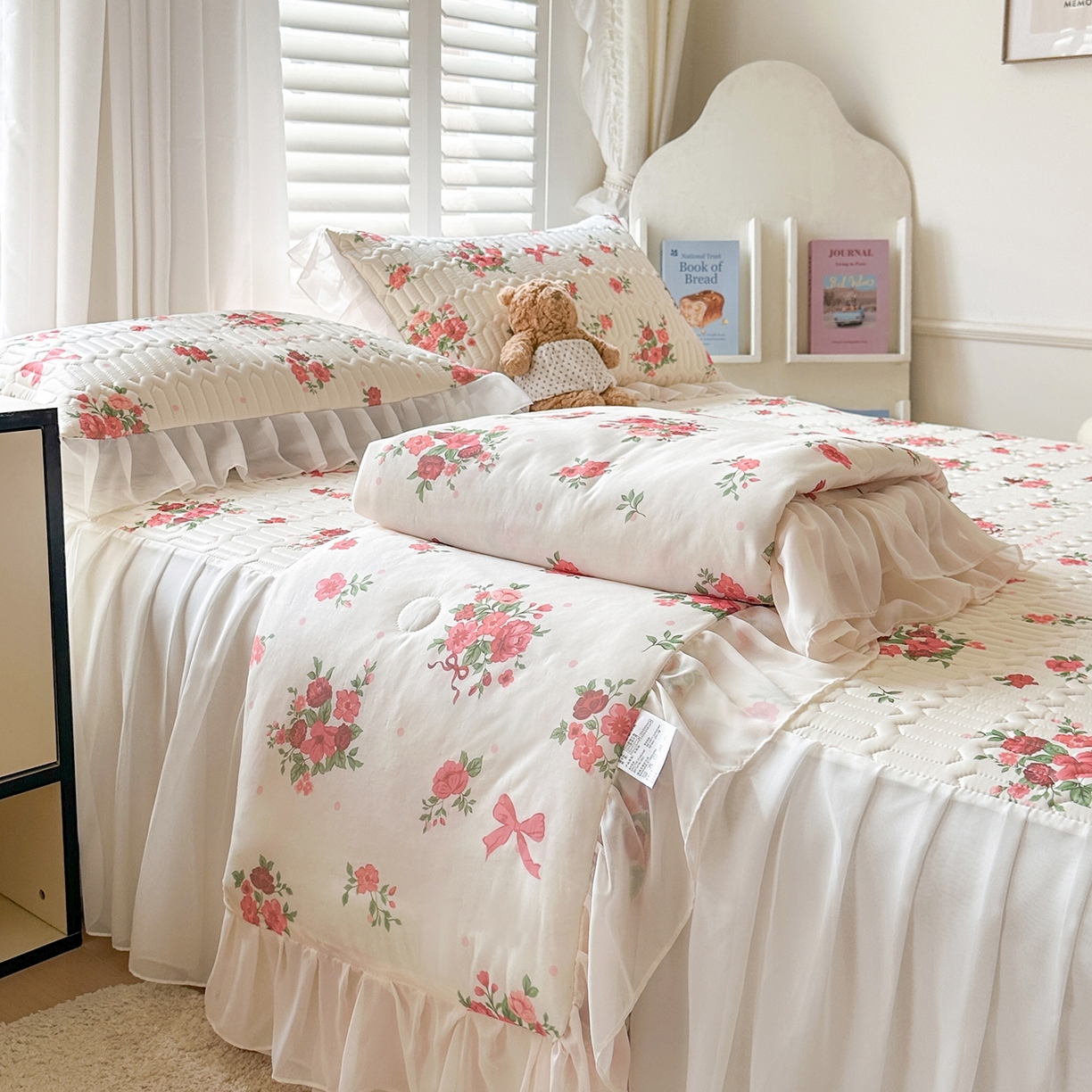 慕澄2026新款小版印花床裙款乳胶凉席凉感丝夏被四件套 玫瑰结