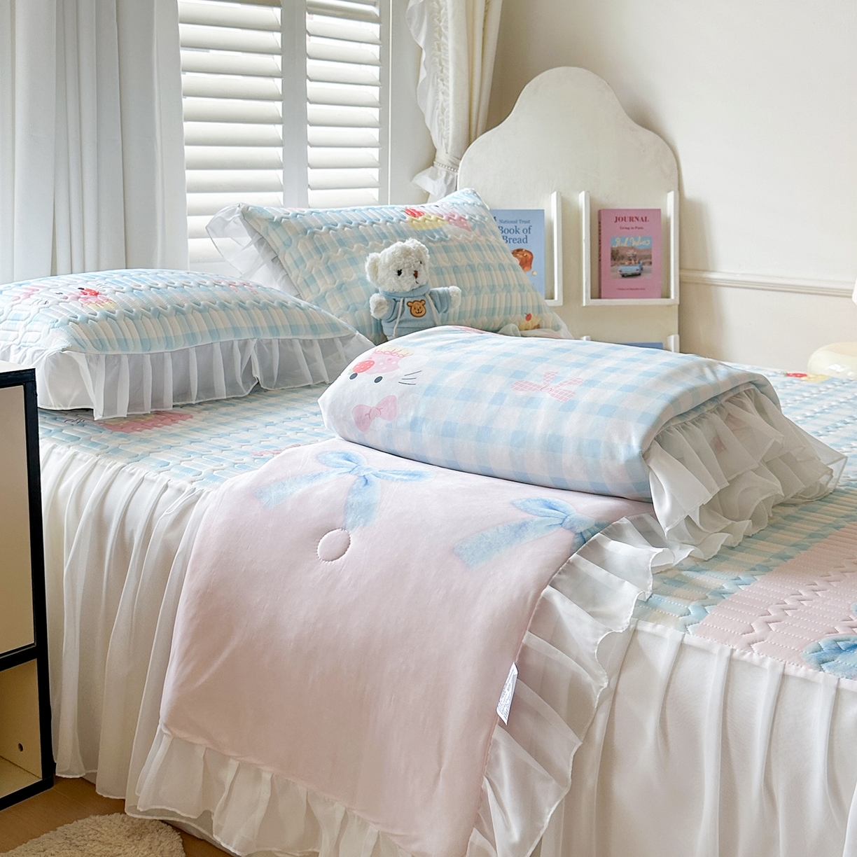 慕澄2026新款小版印花床裙款乳胶凉席凉感丝夏被四件套 粉蓝乐园