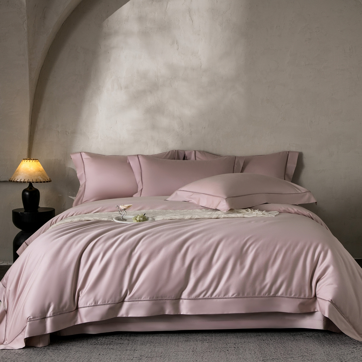 佳汐蓝家纺 2026新款100支臻棉玲珑系列小镂空款四件套 玲珑-落樱粉