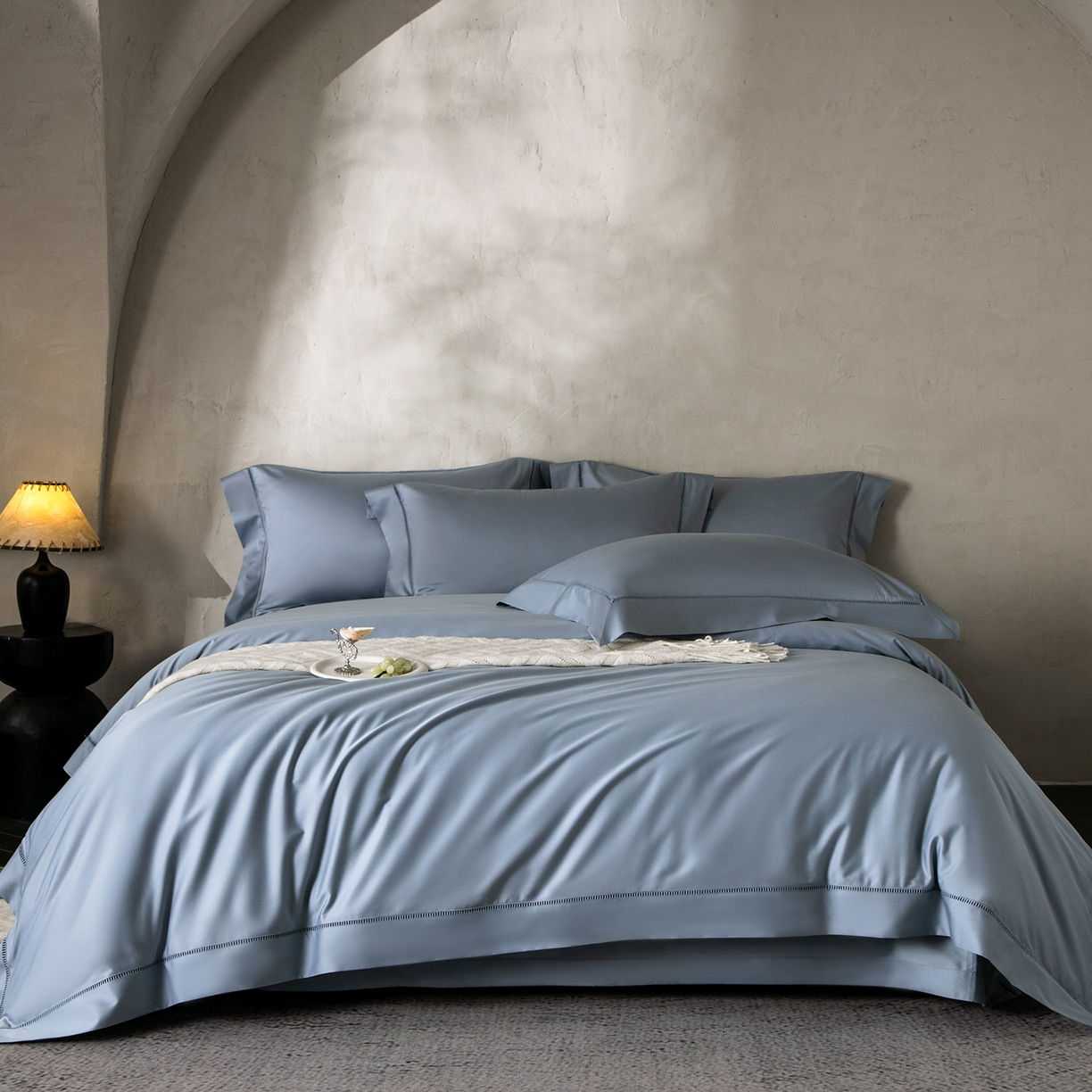 佳汐蓝家纺 2026新款100支臻棉玲珑系列小镂空款四件套 玲珑-宁蓝