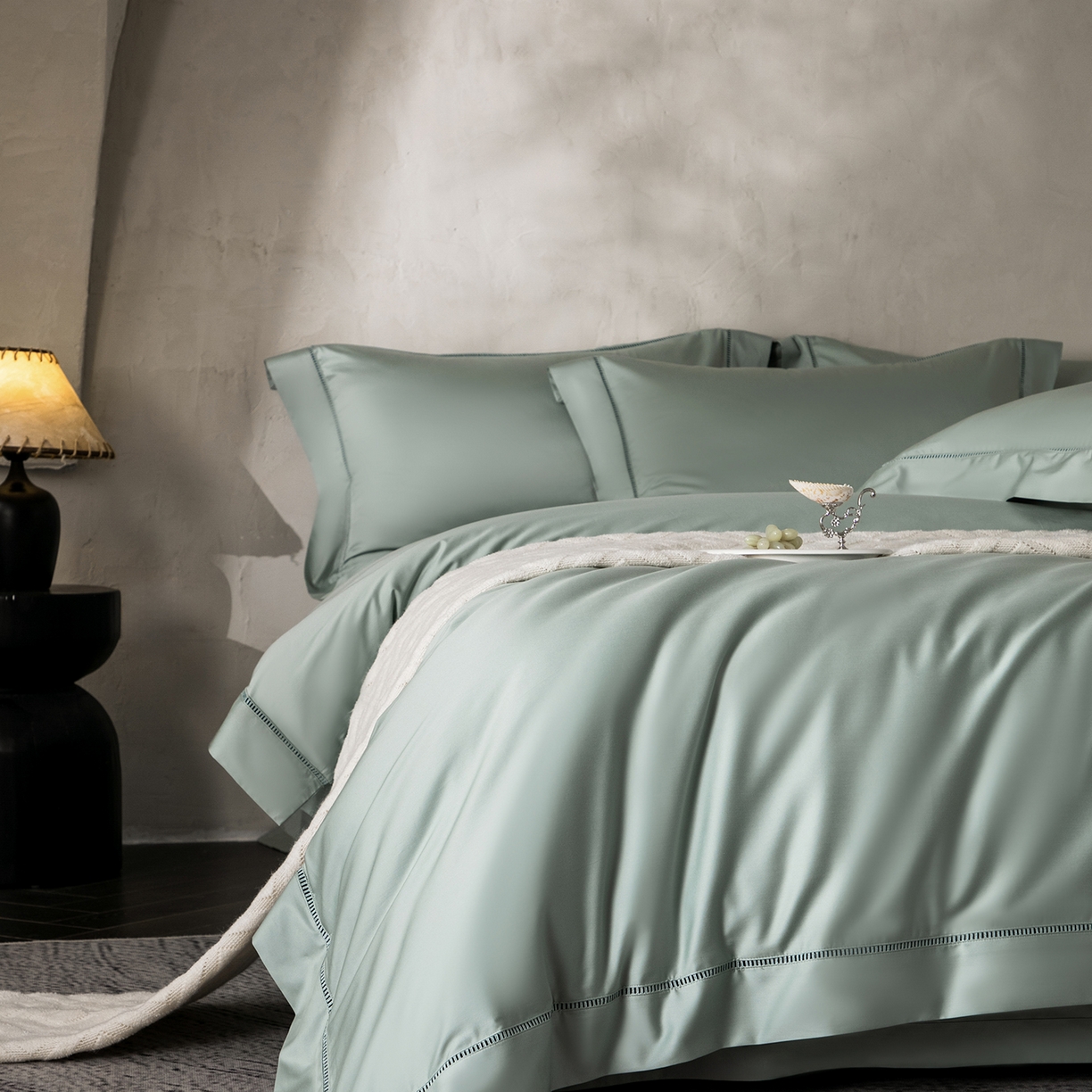 91家纺网 家纺一手货源 找家纺 佳汐蓝家纺 2026新款100支臻棉玲珑系列小镂空款四件套 玲珑-青绿