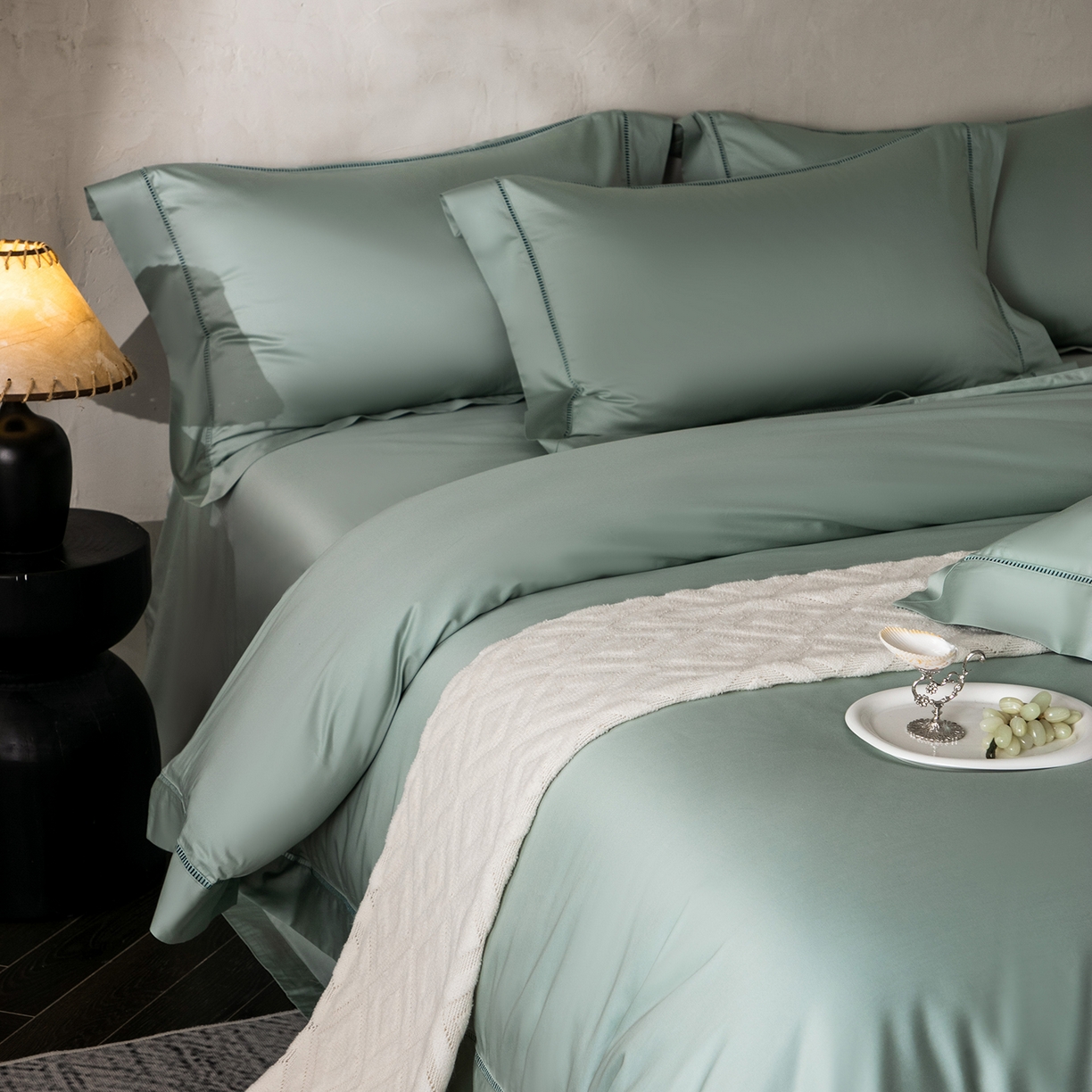 91家纺网 家纺一手货源 找家纺 佳汐蓝家纺 2026新款100支臻棉玲珑系列小镂空款四件套 玲珑-青绿