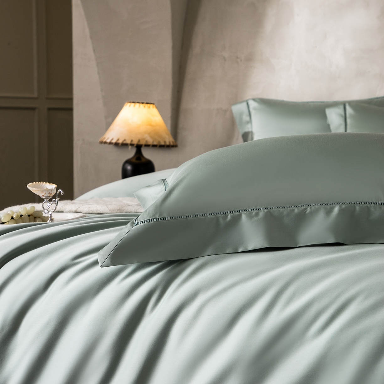 91家纺网 家纺一手货源 找家纺 佳汐蓝家纺 2026新款100支臻棉玲珑系列小镂空款四件套 玲珑-青绿