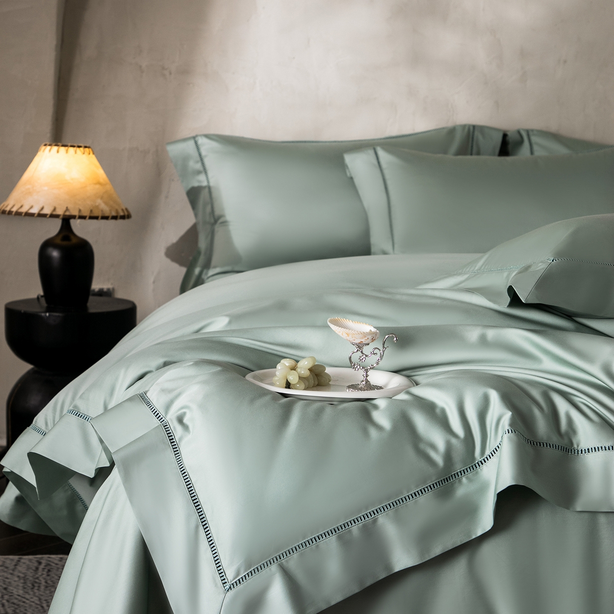 91家纺网 家纺一手货源 找家纺 佳汐蓝家纺 2026新款100支臻棉玲珑系列小镂空款四件套 玲珑-青绿