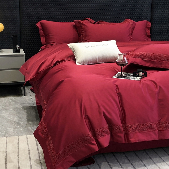 91家纺网 家纺一手货源 找家纺 黑白森林 2026新款匹马棉高定蕾丝大红系列 弗兰纳