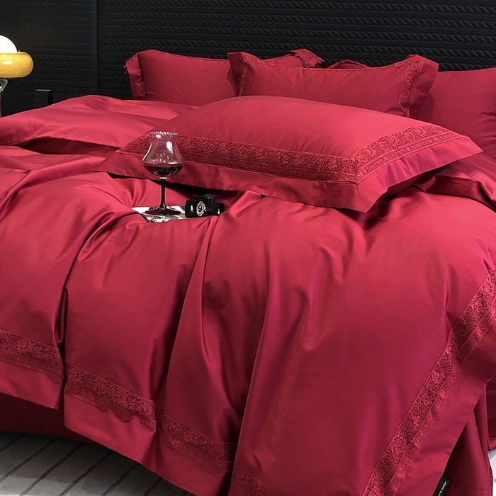 91家纺网 家纺一手货源 找家纺 黑白森林 2026新款匹马棉高定蕾丝大红系列 弗兰纳