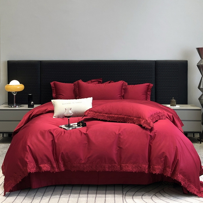 91家纺网 家纺一手货源 找家纺 黑白森林 2026新款匹马棉高定蕾丝大红系列 罗莎