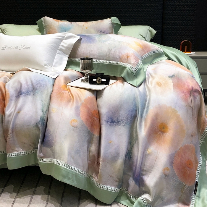 91家纺网 家纺一手货源 找家纺 黑白森林 2026新款轻奢天丝印花四件套 碧薇-绿