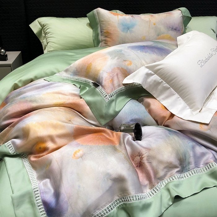 91家纺网 家纺一手货源 找家纺 黑白森林 2026新款轻奢天丝印花四件套 碧薇-绿