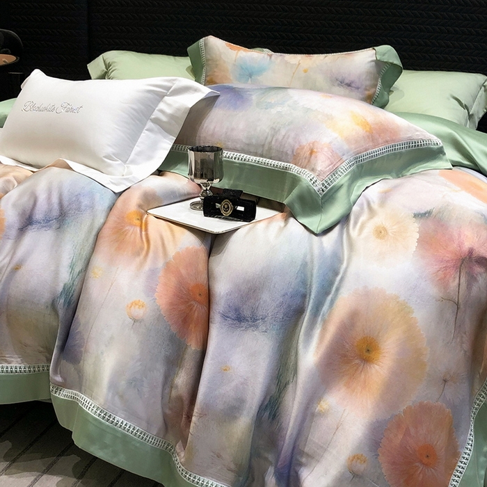 91家纺网 家纺一手货源 找家纺 黑白森林 2026新款轻奢天丝印花四件套 碧薇-绿