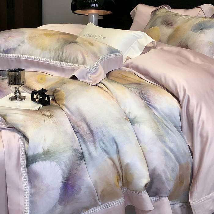 91家纺网 家纺一手货源 找家纺 黑白森林 2026新款轻奢天丝印花四件套 碧薇-紫