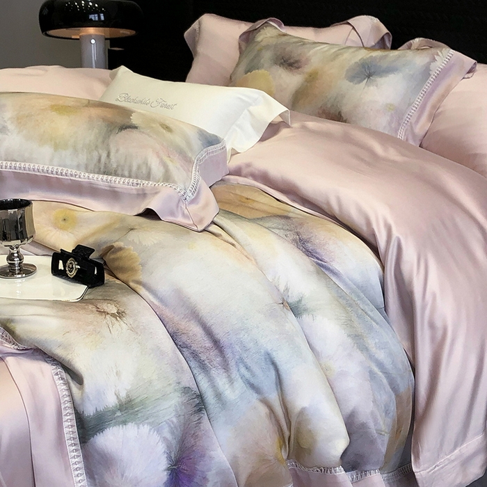 91家纺网 家纺一手货源 找家纺 黑白森林 2026新款轻奢天丝印花四件套 碧薇-紫