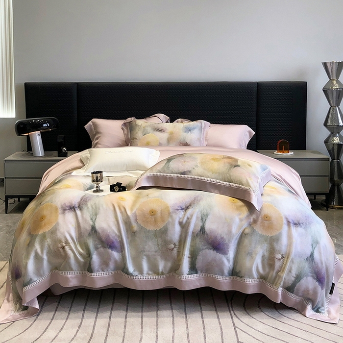 91家纺网 家纺一手货源 找家纺 黑白森林 2026新款轻奢天丝印花四件套 碧薇-紫