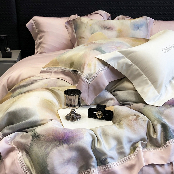 91家纺网 家纺一手货源 找家纺 黑白森林 2026新款轻奢天丝印花四件套 碧薇-紫