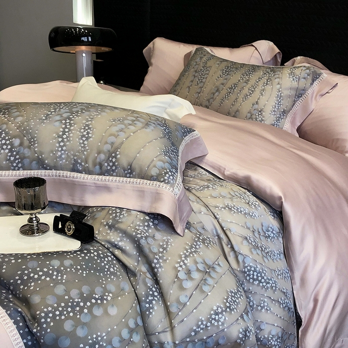 91家纺网 家纺一手货源 找家纺 黑白森林 2026新款轻奢天丝印花四件套 缦禾-灰