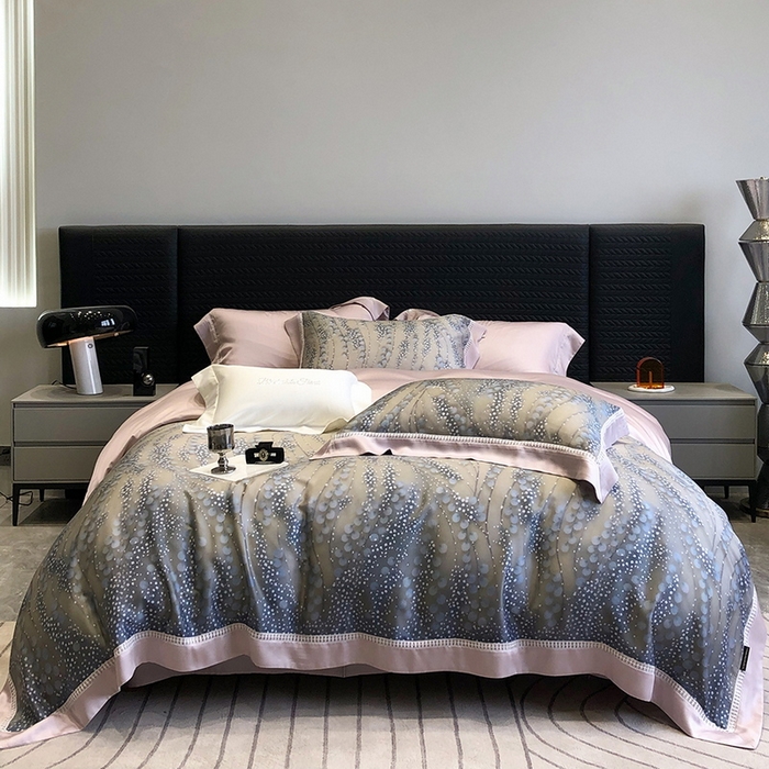 91家纺网 家纺一手货源 找家纺 黑白森林 2026新款轻奢天丝印花四件套 缦禾-灰