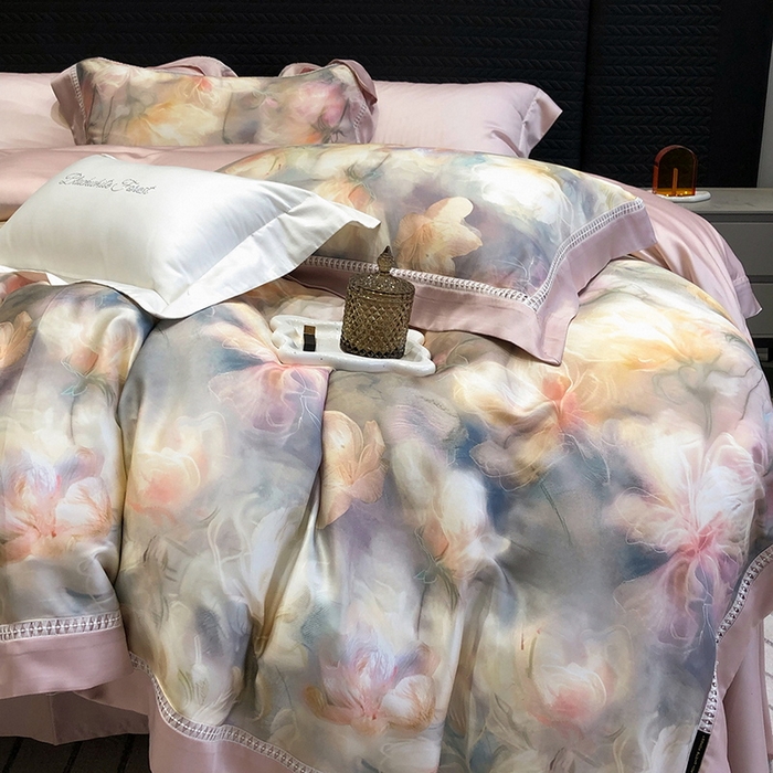 91家纺网 家纺一手货源 找家纺 黑白森林 2026新款轻奢天丝印花四件套 梦境-粉