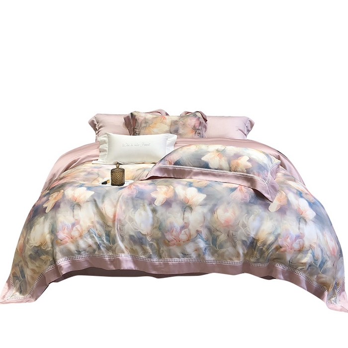 91家纺网 家纺一手货源 找家纺 黑白森林 2026新款轻奢天丝印花四件套 梦境-粉