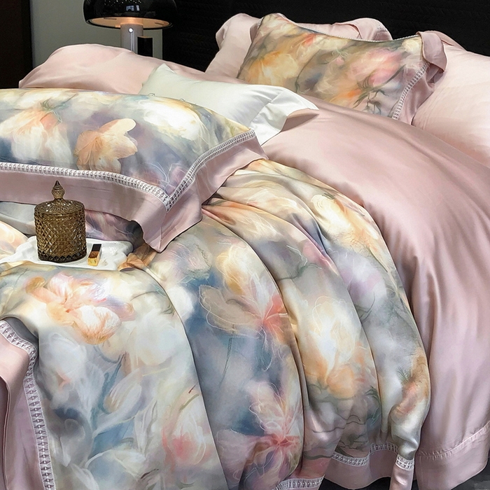 91家纺网 家纺一手货源 找家纺 黑白森林 2026新款轻奢天丝印花四件套 梦境-粉