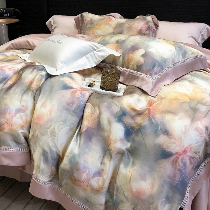 91家纺网 家纺一手货源 找家纺 黑白森林 2026新款轻奢天丝印花四件套 梦境-粉