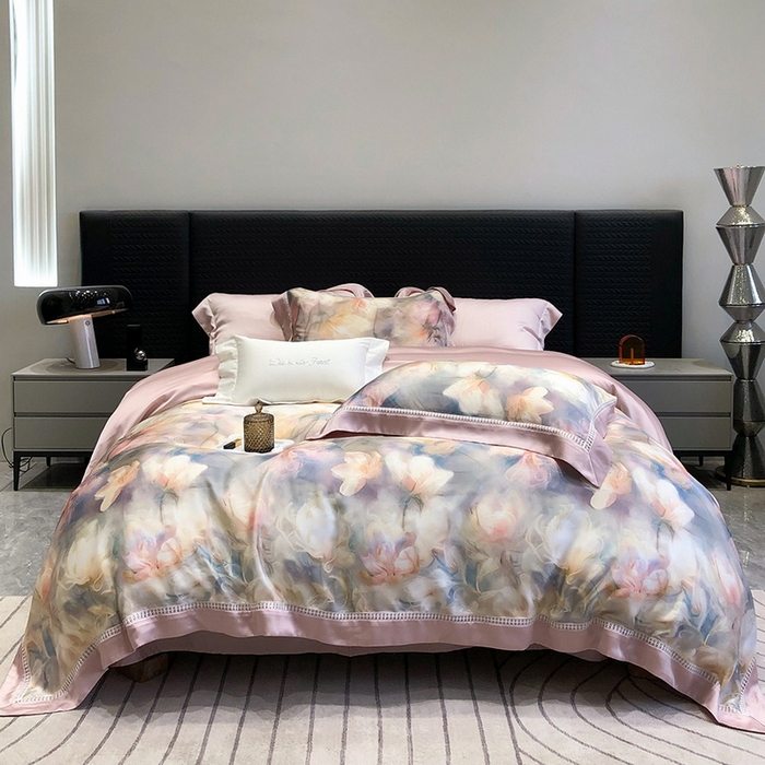 91家纺网 家纺一手货源 找家纺 黑白森林 2026新款轻奢天丝印花四件套 梦境-粉