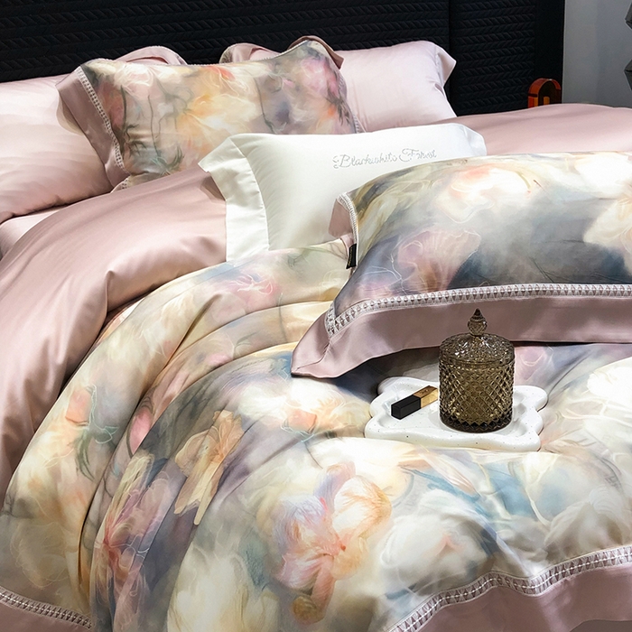 91家纺网 家纺一手货源 找家纺 黑白森林 2026新款轻奢天丝印花四件套 梦境-粉