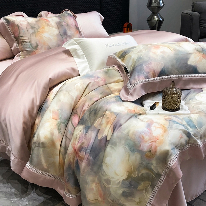 91家纺网 家纺一手货源 找家纺 黑白森林 2026新款轻奢天丝印花四件套 梦境-粉