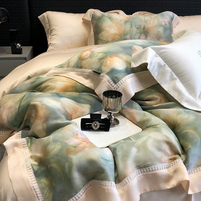 91家纺网 家纺一手货源 找家纺 黑白森林 2026新款轻奢天丝印花四件套 梦境-绿