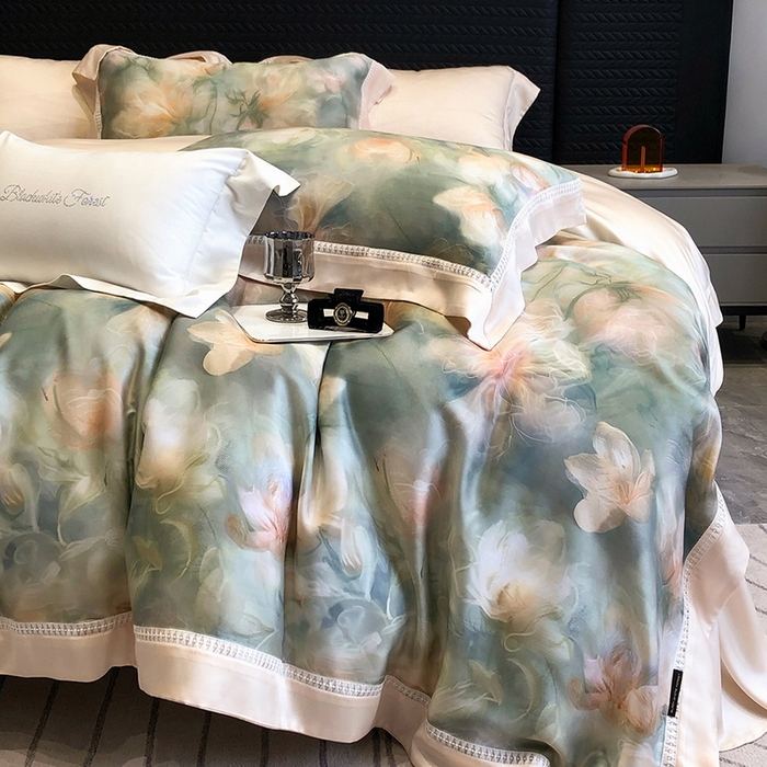 91家纺网 家纺一手货源 找家纺 黑白森林 2026新款轻奢天丝印花四件套 梦境-绿