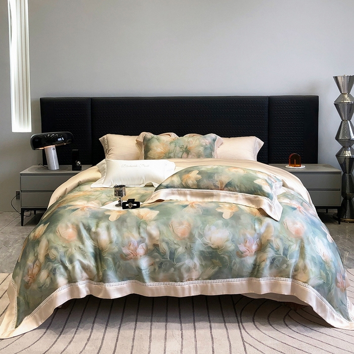 91家纺网 家纺一手货源 找家纺 黑白森林 2026新款轻奢天丝印花四件套 梦境-绿