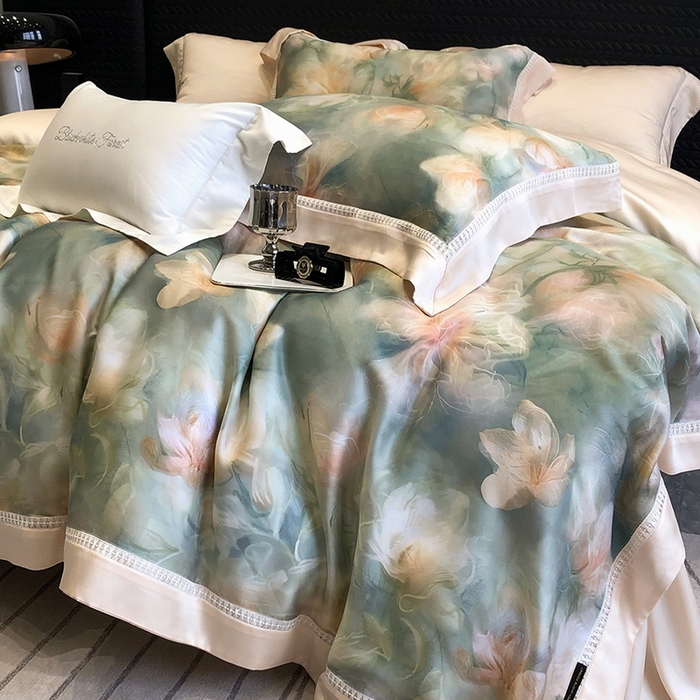 91家纺网 家纺一手货源 找家纺 黑白森林 2026新款轻奢天丝印花四件套 梦境-绿