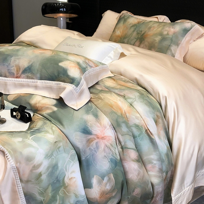 91家纺网 家纺一手货源 找家纺 黑白森林 2026新款轻奢天丝印花四件套 梦境-绿