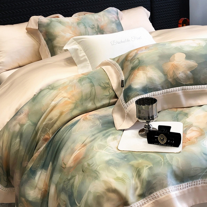 91家纺网 家纺一手货源 找家纺 黑白森林 2026新款轻奢天丝印花四件套 梦境-绿