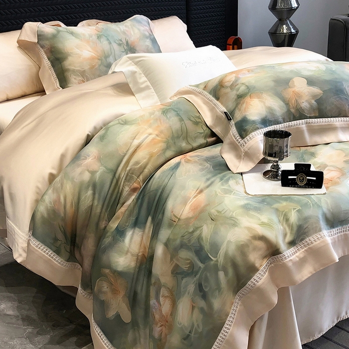 91家纺网 家纺一手货源 找家纺 黑白森林 2026新款轻奢天丝印花四件套 梦境-绿