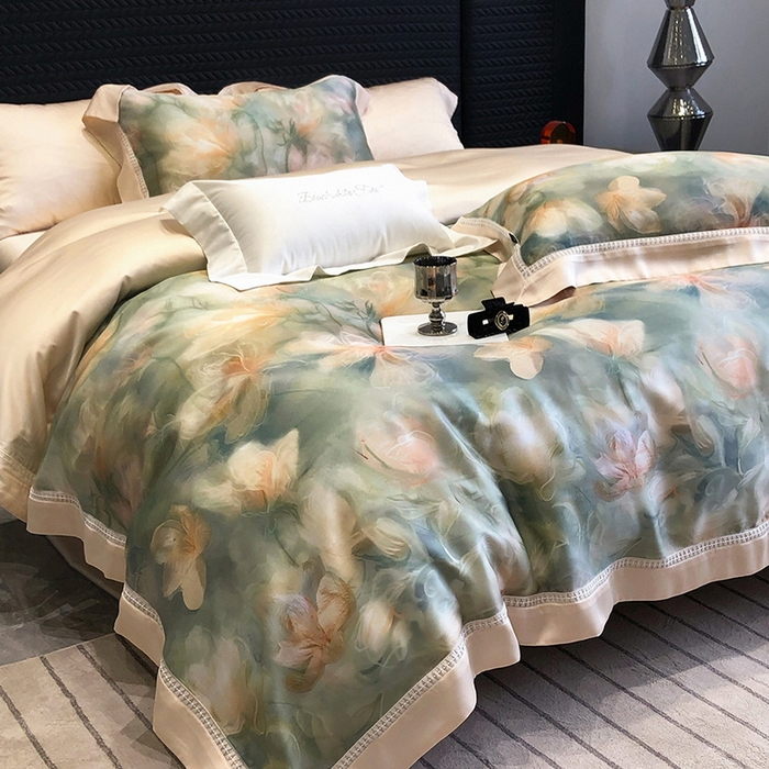 91家纺网 家纺一手货源 找家纺 黑白森林 2026新款轻奢天丝印花四件套 梦境-绿