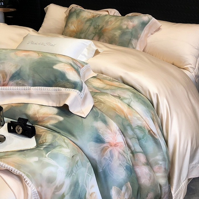 91家纺网 家纺一手货源 找家纺 黑白森林 2026新款轻奢天丝印花四件套 梦境-绿