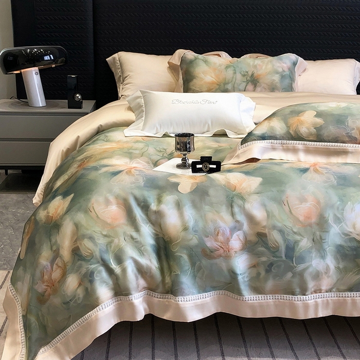 91家纺网 家纺一手货源 找家纺 黑白森林 2026新款轻奢天丝印花四件套 梦境-绿