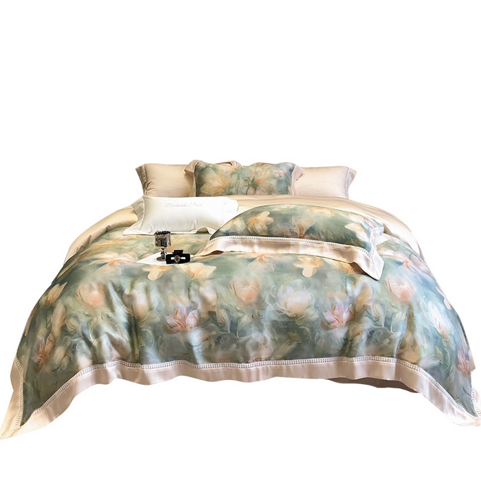 91家纺网 家纺一手货源 找家纺 黑白森林 2026新款轻奢天丝印花四件套 梦境-绿