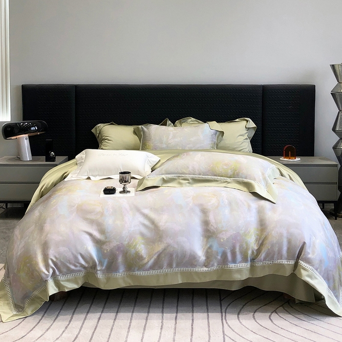 91家纺网 家纺一手货源 找家纺 黑白森林 2026新款轻奢天丝印花四件套 情愫-灰