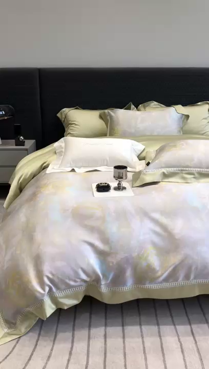 91家纺网 家纺一手货源 找家纺 黑白森林 2026新款轻奢天丝印花四件套 情愫-灰