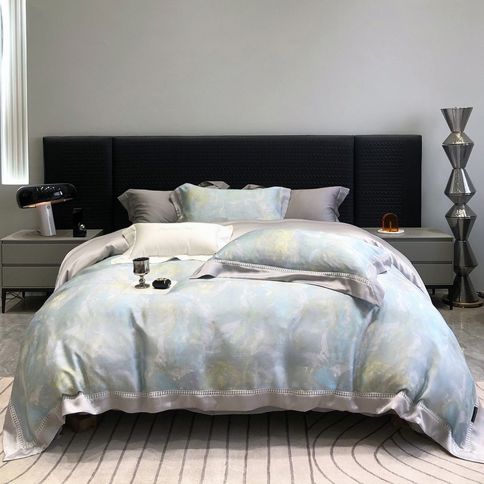 91家纺网 家纺一手货源 找家纺 黑白森林 2026新款轻奢天丝印花四件套 情愫-蓝