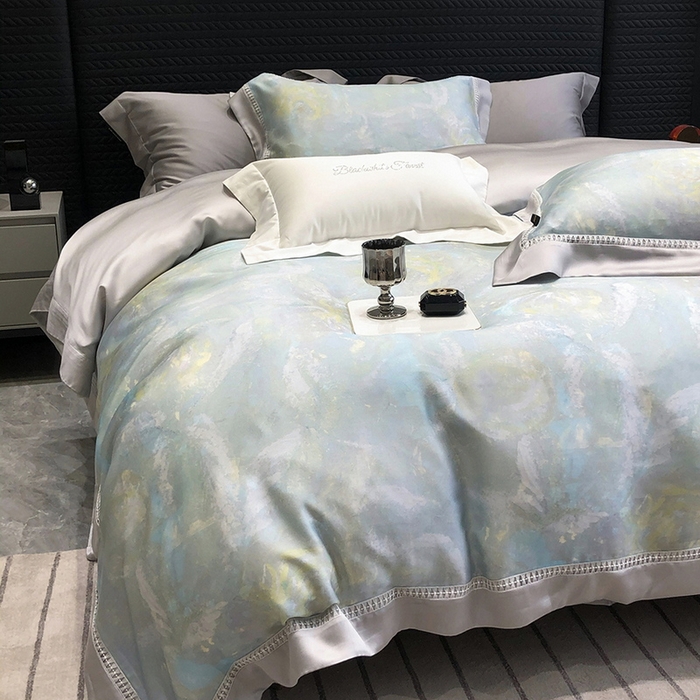 91家纺网 家纺一手货源 找家纺 黑白森林 2026新款轻奢天丝印花四件套 情愫-蓝