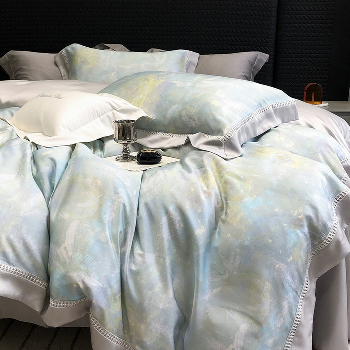 91家纺网 家纺一手货源 找家纺 黑白森林 2026新款轻奢天丝印花四件套 情愫-蓝